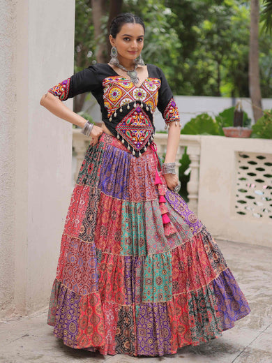 Dazzling Multi-Color Cotton Digital Printed Navratri Crop Top Lehenga
